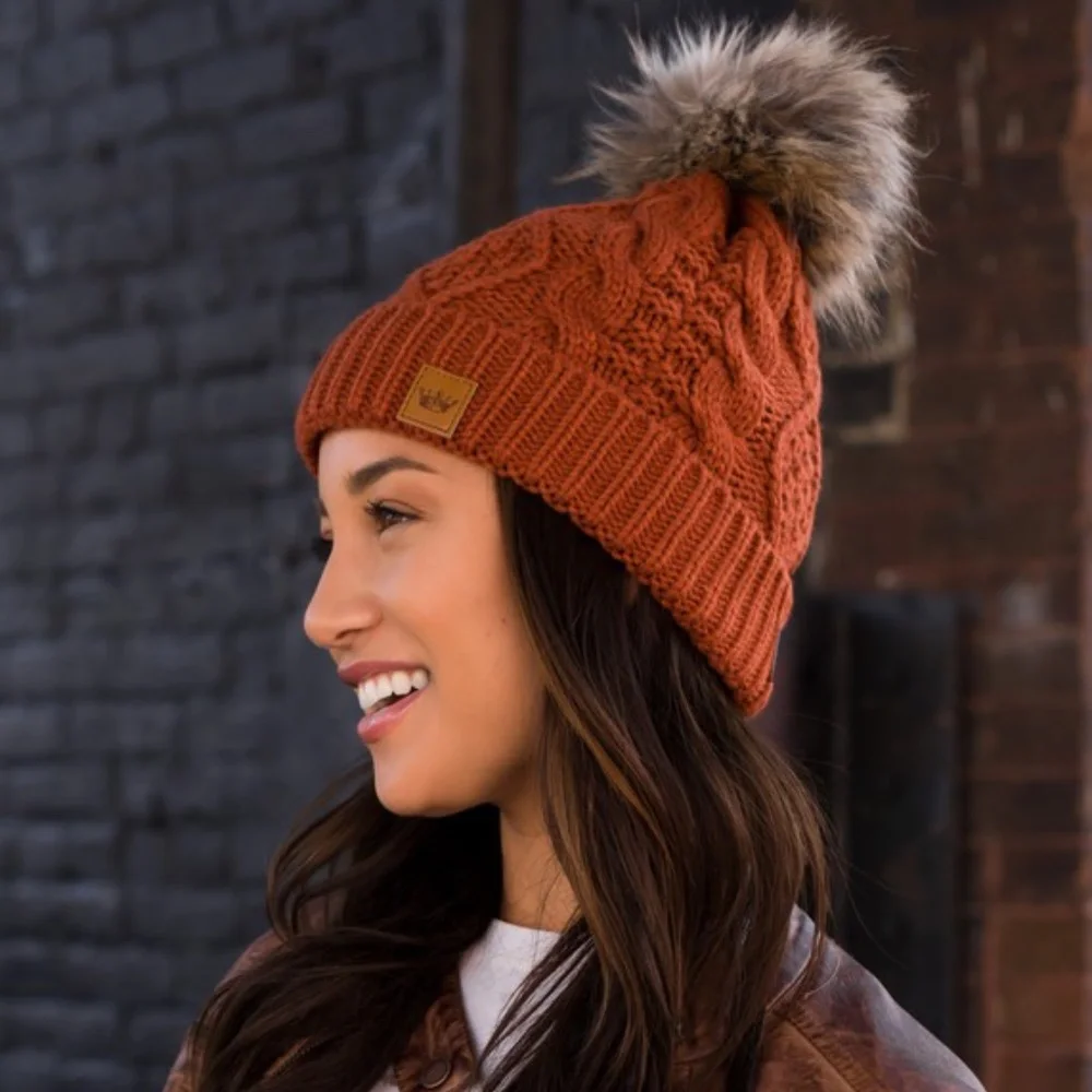 SOLD OUT Rust Orange Cable Knit Faux Fur Pompom Fleece Lined Women's Winter Hat - Picture 3 of 3